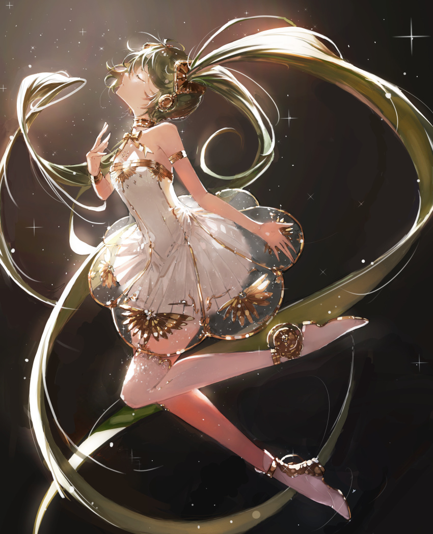 1girl absurdly_long_hair absurdres armlet asymmetrical_legwear bangs bare_shoulders black_background boots bow bowtie choker closed_eyes closed_mouth dress facing_up feiemmm from_side full_body gold_trim green_hair hair_ornament hand_up hatsune_miku highres long_hair miku_symphony_(vocaloid) profile ribbon see-through shoes short_dress socks solo sparkle strapless strapless_dress tears thigh-highs thigh_boots twintails very_long_hair vocaloid white_dress white_footwear white_legwear yellow_bow yellow_bowtie