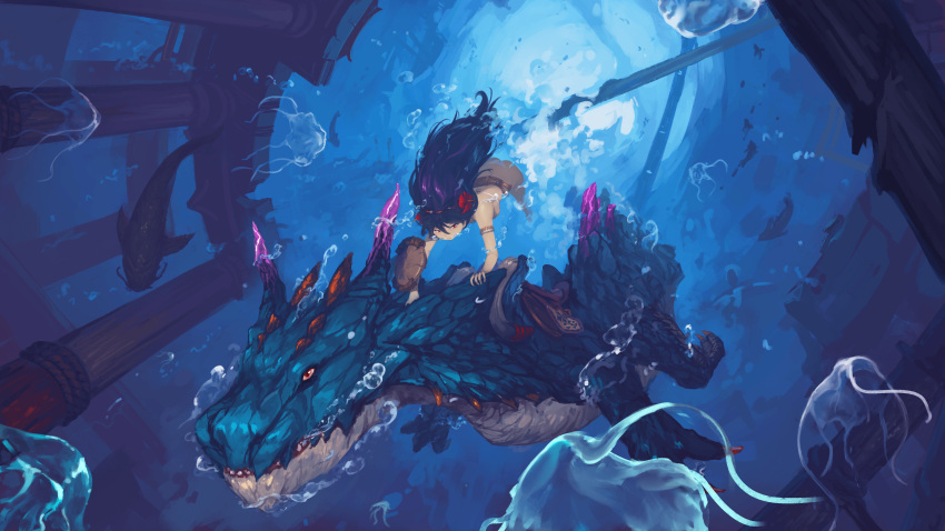 1girl absurdres armband bikini black_hair bubble fish flower freediving hair_flower hair_ornament highres horns jellyfish lagiacrus long_hair monster monster_hunter_(series) monster_hunter_stories_2 protagonist_(mhs2) rou_(rou22) ruins saddle shield swimsuit sword underwater weapon