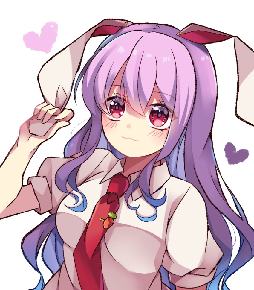 1girl :3 animal_ears bangs blouse carrot_pin collared_blouse heart highres light_purple_hair long_hair meimei_(meimei89008309) necktie puffy_short_sleeves puffy_sleeves purple_hair rabbit_ears red_eyes red_necktie reisen_udongein_inaba short_sleeves simple_background solo touhou white_background white_blouse