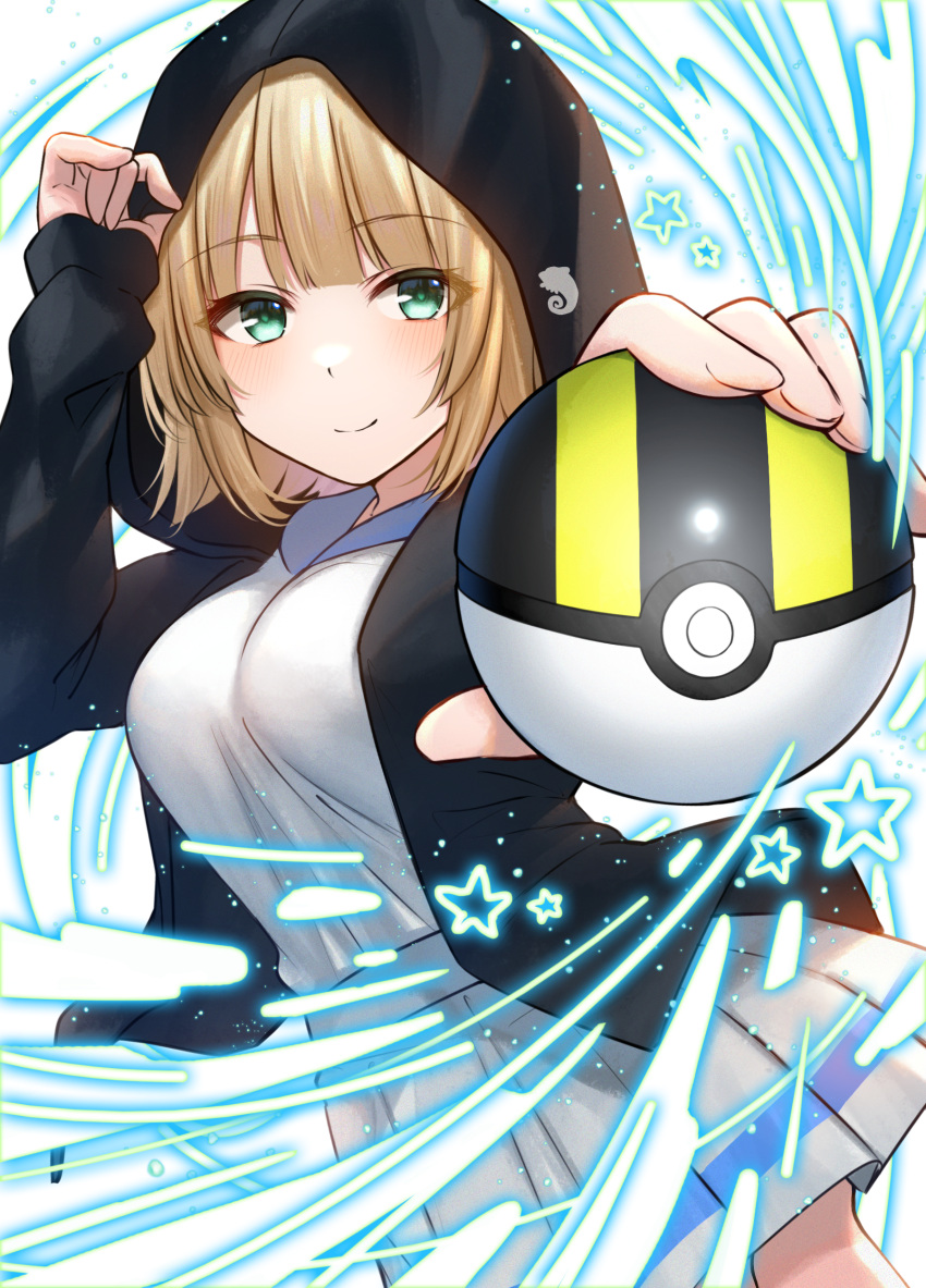 1girl absurdres akky_(akimi1127) bangs black_jacket blonde_hair blue_sailor_collar blush breasts closed_mouth eyebrows_visible_through_hair green_eyes highres holding holding_poke_ball hood hood_up hooded_jacket jacket long_sleeves looking_at_viewer medium_breasts official_art open_clothes open_jacket original outstretched_arm pleated_skirt poke_ball sailor_collar school_uniform serafuku shirt skirt sleeves_past_wrists smile solo star_(symbol) ultra_ball white_shirt white_skirt