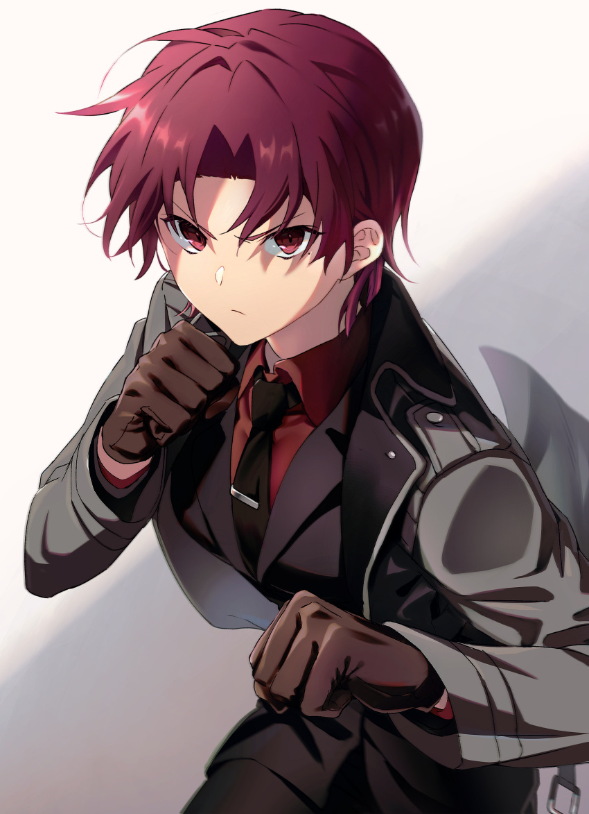 1girl absurdres bazett_fraga_mcremitz breasts clenched_hands earrings fate/stay_night fate_(series) formal frown gloves highres jewelry long_sleeves looking_at_viewer mole mole_under_eye necktie purple_hair red_eyes serious short_hair solo suit tuto_(mokuchin09) violet_eyes