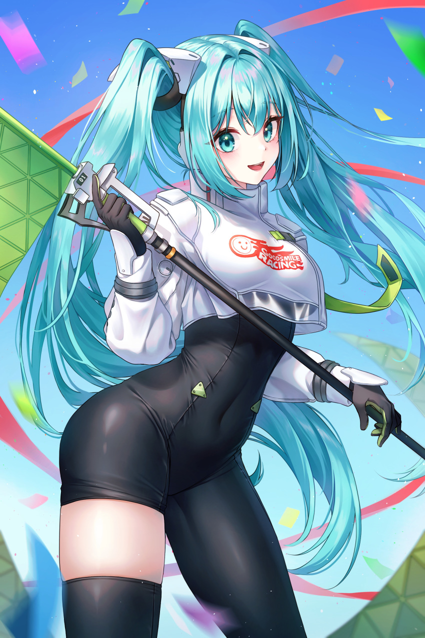 1girl absurdres aqua_eyes aqua_hair ass asymmetrical_bodysuit black_bodysuit bodysuit confetti crop_top crop_top_overhang cropped_jacket flagpole goodsmile_racing hatsune_miku highres hip_focus holding holding_pole long_hair looking_at_viewer navel pole racing_miku racing_miku_(2022) single_thighhigh skin_tight soo_ou thigh-highs thighs twintails two-tone_gloves vocaloid