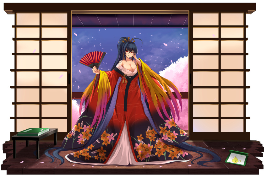 1girl ahoge architecture azur_lane bangs black_hair book breasts cherry_blossoms collarbone crossed_bangs east_asian_architecture feathers hand_fan highres hiki_furisode japanese_clothes kanzaki_kureha large_breasts long_hair off_shoulder petals ponytail red_eyes scroll sliding_doors solo standing taihou_(azur_lane) wooden_floor