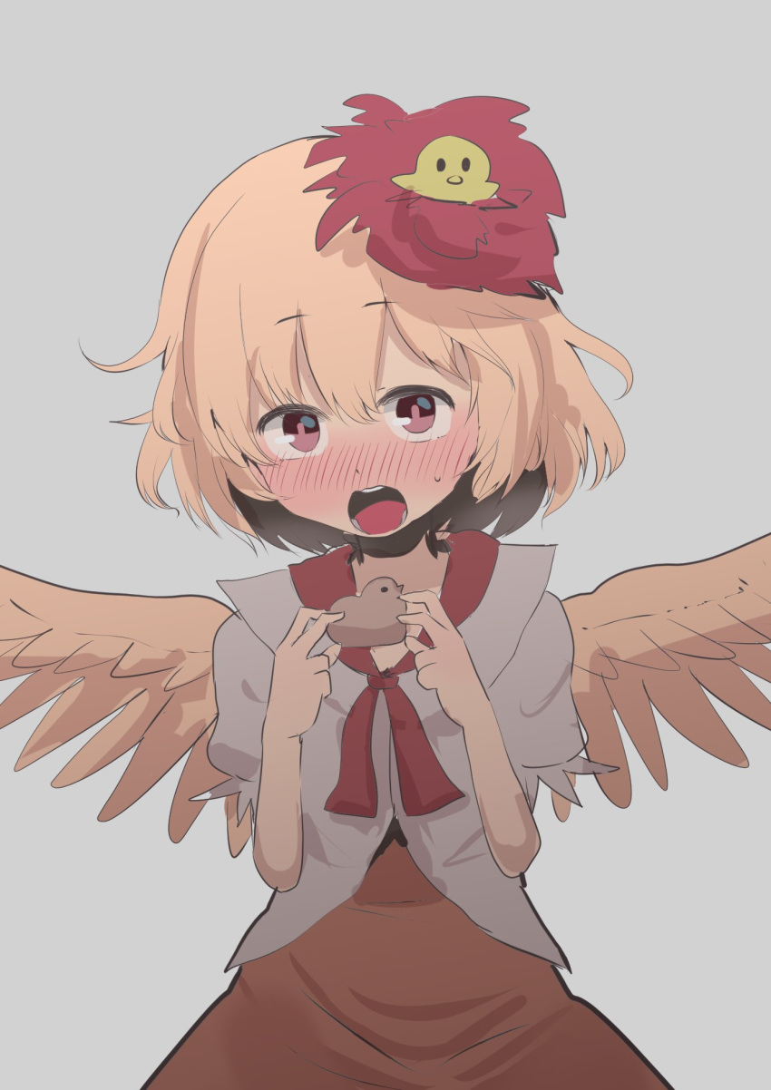 1girl animal_on_head bird bird_on_head bird_wings blonde_hair brown_dress chick chicken chocolate dress eyebrows_visible_through_hair feathered_wings gomeifuku highres looking_at_viewer niwatari_kutaka on_head one-hour_drawing_challenge open_mouth red_eyes shirt solo touhou white_shirt wings yellow_wings