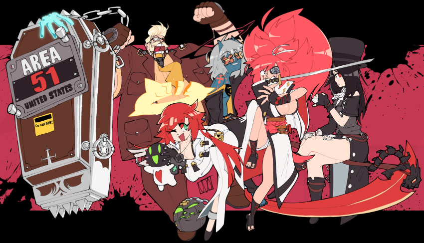 1other 2boys 2girls absurdres androgynous baiken bodysuit coffin goldlewis_dickinson gothic guilty_gear guilty_gear_strive halo happy_chaos hat highres jack-o'_valentine japanese_clothes kimono long_hair multiple_boys multiple_girls redhead samurai testament_(guilty_gear) top_hat udonoki