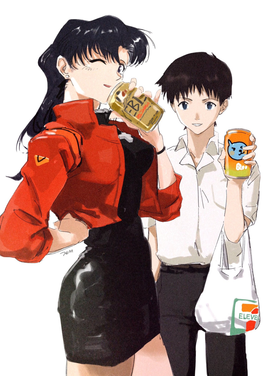 1boy 1girl alcohol bag beer beer_can black_dress black_pants blue_eyes breasts brown_eyes brown_hair can collared_shirt cross cross_necklace dress drinking earrings grocery_bag hand_on_hip highres holding holding_bag holding_can ikari_shinji jacket jenn59959 jewelry katsuragi_misato long_hair looking_at_viewer necklace neon_genesis_evangelion one_eye_closed pants plastic_bag purple_hair red_jacket shirt shopping_bag short_hair standing white_shirt