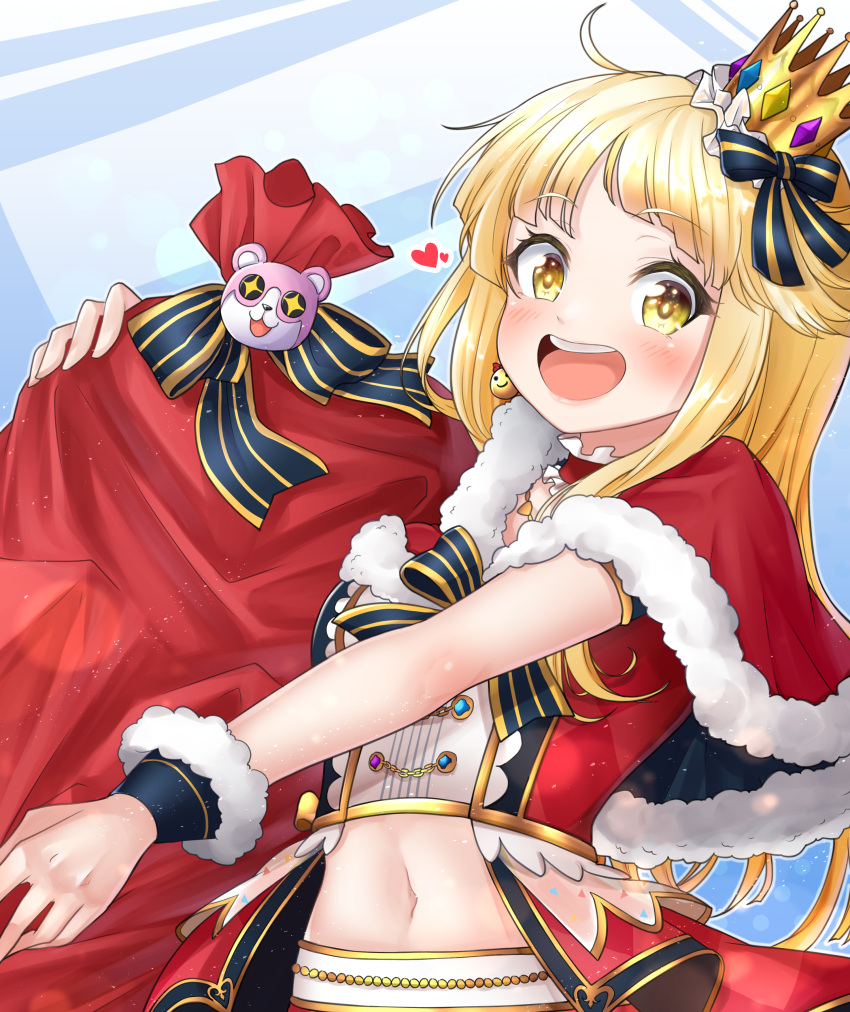 1girl :d absurdres bang_dream! bangs blonde_hair blue_background blunt_bangs blush breasts capelet carmen_kiruya choker commentary crown diagonal_bangs eyebrows_visible_through_hair fur-trimmed_capelet fur_trim heart highres holding holding_sack long_hair looking_at_viewer medium_breasts michelle_(bang_dream!) midriff mini_crown navel open_mouth red_capelet red_choker red_shirt sack shirt short_sleeves sidelocks smile solo standing teeth tsurumaki_kokoro upper_body upper_teeth wrist_cuffs yellow_eyes