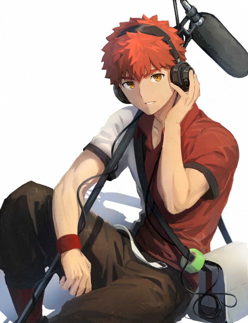 1boy absurdres alternate_costume brown_pants casual emiya_shirou fate/grand_order fate_(series) headphones highres looking_at_viewer male_focus microphone pants redhead senji_muramasa_(fate) short_hair smile solo thick_eyebrows tuto_(mokuchin09) yellow_eyes