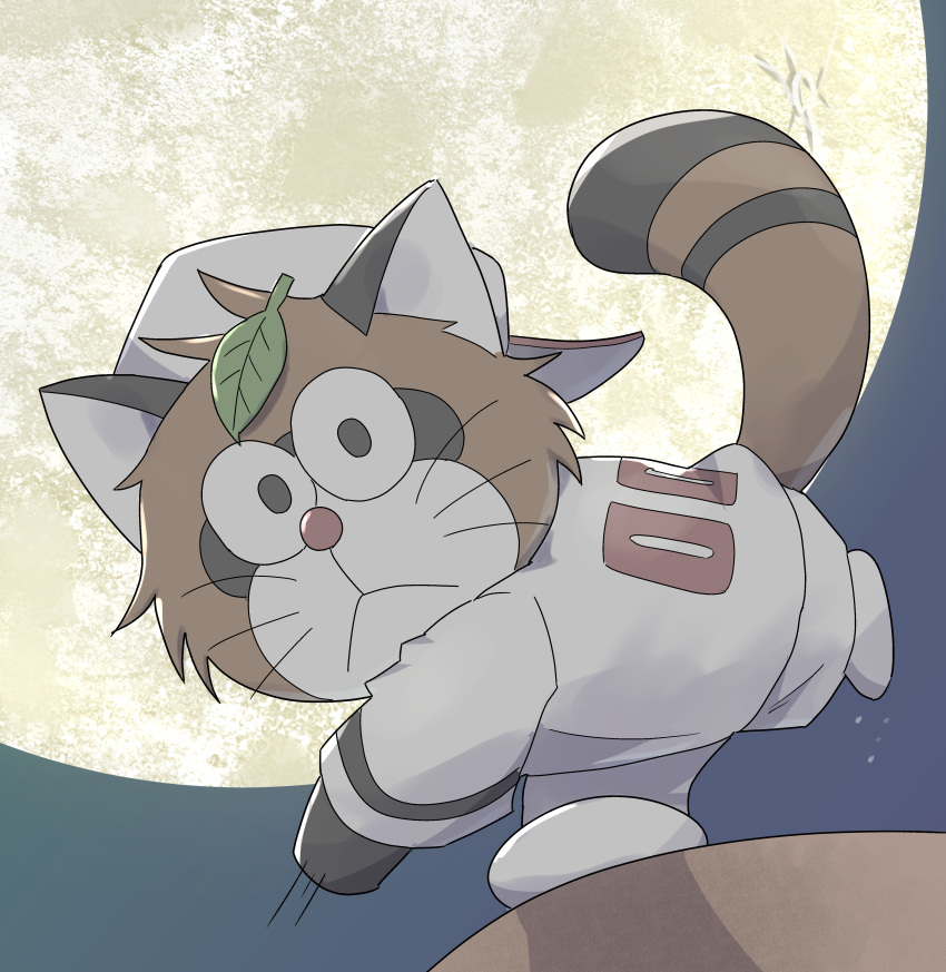 1boy absurdres baseball_uniform character_request doraemon full_moon furry furry_male gizugazu highres leaf leaf_on_head looking_at_viewer male_focus moon night pitching pitching_mound raccoon_tail solo sportswear tail whiskers