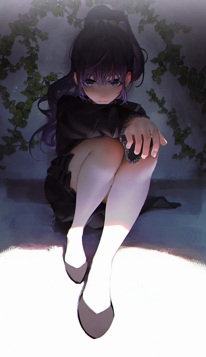 1girl asahina_mafuyu bangs black_footwear black_shirt black_skirt blue_eyes closed_mouth day duckchuni fingernails frilled_sleeves frills frown full_body hair_ornament hair_scrunchie highres ivy knees_up long_hair long_sleeves looking_at_viewer miniskirt on_floor outstretched_arm ponytail project_sekai purple_hair scrunchie shade shirt shoes sitting skirt solo wall
