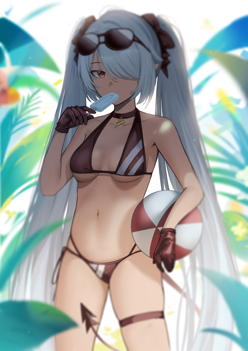 1girl 2r-_(pixiv8168114) absurdres ball bare_shoulders beachball bikini black_bikini black_choker black_ribbon blue_archive breasts brown_gloves choker collarbone dark-skinned_female dark_skin demon_tail eating eyewear_on_head food gloves hair_over_one_eye highres holding holding_ball holding_food iori_(blue_archive) long_hair looking_at_viewer medium_breasts navel plant pointy_ears popsicle red_eyes ribbon side-tie_bikini silver_hair simple_background solo standing stomach sunglasses swimsuit tail thigh_strap twintails under_boob very_long_hair white_background