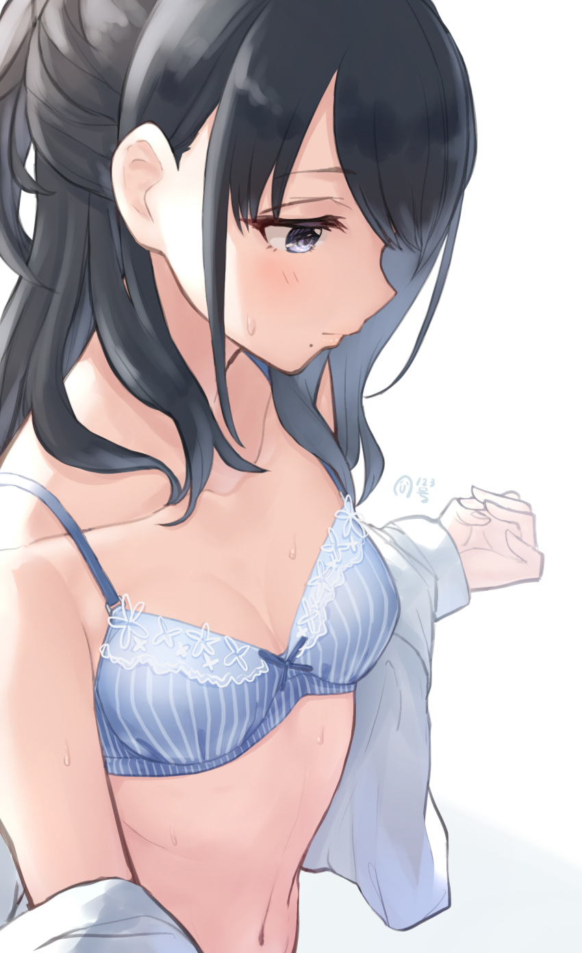 1girl black_hair blue_bra blue_eyes bra breasts closed_mouth commentary_request eyebrows_visible_through_hair highres idolmaster idolmaster_shiny_colors kazano_hiori kijibato_123-gou medium_breasts mole mole_under_mouth navel short_hair signature simple_background solo underwear upper_body wet white_background