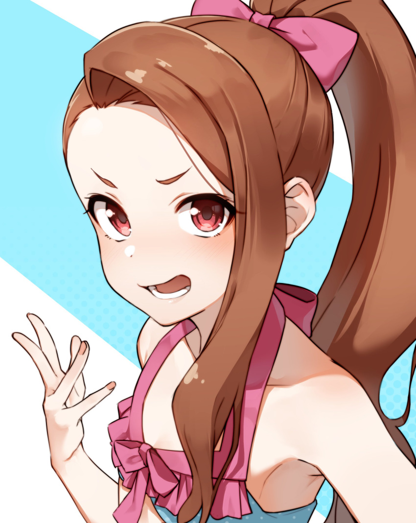 1girl absurdres armpits bikini blue_background bow breasts brown_hair collarbone hair_bow highres idolmaster idolmaster_(classic) kakaobataa long_hair looking_at_viewer lower_teeth minase_iori open_mouth ponytail red_eyes simple_background small_breasts solo swimsuit teeth upper_body white_background