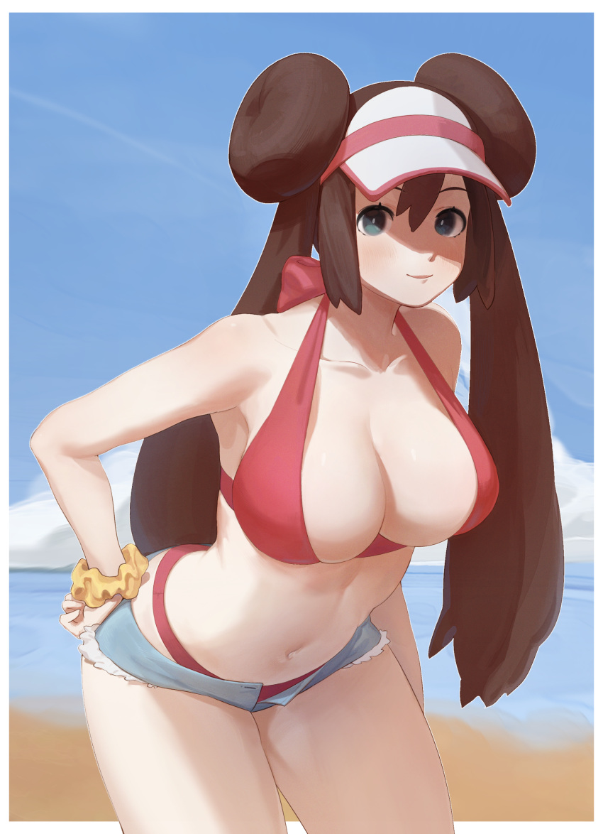 1girl absurdres bangs bikini border breasts bright_pupils brown_hair closed_mouth clouds collarbone commentary cowboy_shot day double_bun eyelashes green_eyes grey_shorts highres leaning_forward long_hair navel obychny outdoors pokemon pokemon_(game) pokemon_bw2 red_bikini rosa_(pokemon) sand scrunchie shore short_shorts shorts sky smile solo swimsuit twintails visor_cap water white_border wrist_scrunchie