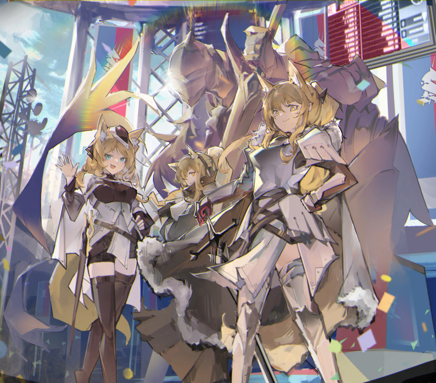 3girls :d absurdres animal_ear_fluff animal_ears aqua_eyes arknights armor bangs belt black_legwear black_sleeves blemishine_(arknights) blonde_hair blunt_bangs cape cloak closed_mouth commentary_request confetti cross-laced_clothes fang feet_out_of_frame flag fur_trim hair_ornament hand_on_hip hat headphones highres holding holding_sword holding_weapon horse_ears horse_girl horse_tail jumbowhopper legs_apart long_hair looking_at_viewer multiple_girls nearl_(arknights) open_mouth outdoors ponytail rainbow_gradient scoreboard siblings sisters skin_fang smile sparkle standing sunlight sword tail thigh-highs waving weapon whislash_(arknights) white_legwear yellow_eyes