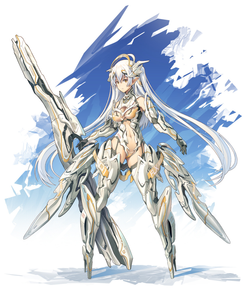 1girl armor arms_at_sides ballet_boots boots breasts commentary_request elbow_gloves full_body gloves headgear highres holding holding_weapon long_hair looking_at_viewer mecha_musume medium_breasts navel original parted_lips pigeon-toed pinakes pointy_ears shadow solo standing thigh-highs thigh_boots very_long_hair weapon white_hair yellow_eyes