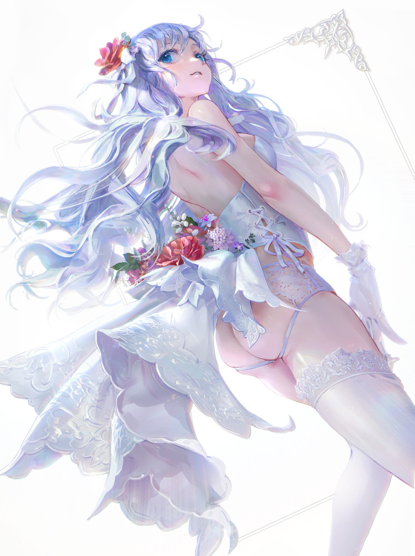 1girl ass blue_eyes breasts floating_hair flower garter_belt gloves hair_flower hair_ornament highres kooka2 lingerie long_hair looking_back medium_breasts original parted_lips red_flower ribbon shiny shiny_clothes shiny_legwear shoulder_blades sideboob silver_hair smile solo thigh-highs underwear very_long_hair white_background white_gloves white_legwear white_ribbon