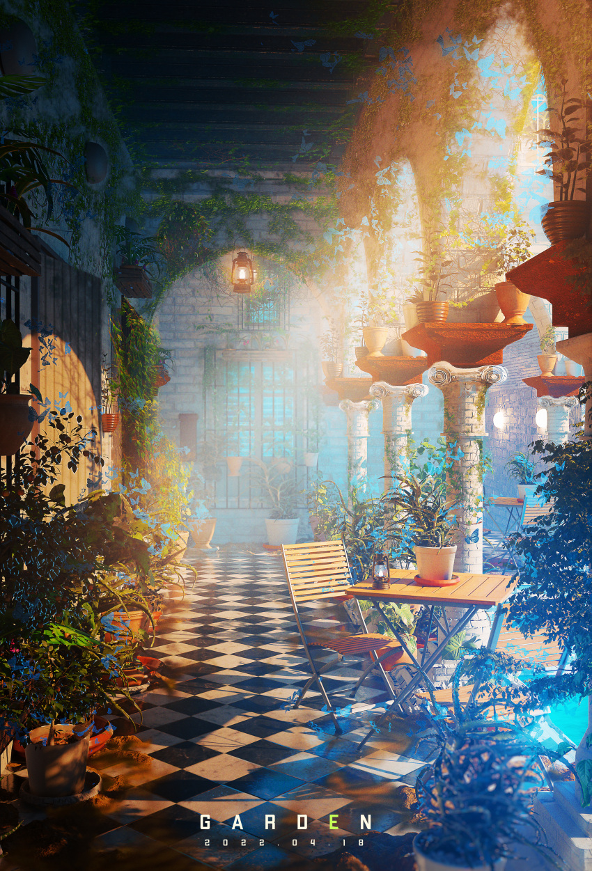 absurdres arch chair checkered_floor dated day english_commentary english_text garden highres lantern light light_rays no_humans original pillar plant rei_(lappy_mofumofu) scenery sunlight table vase