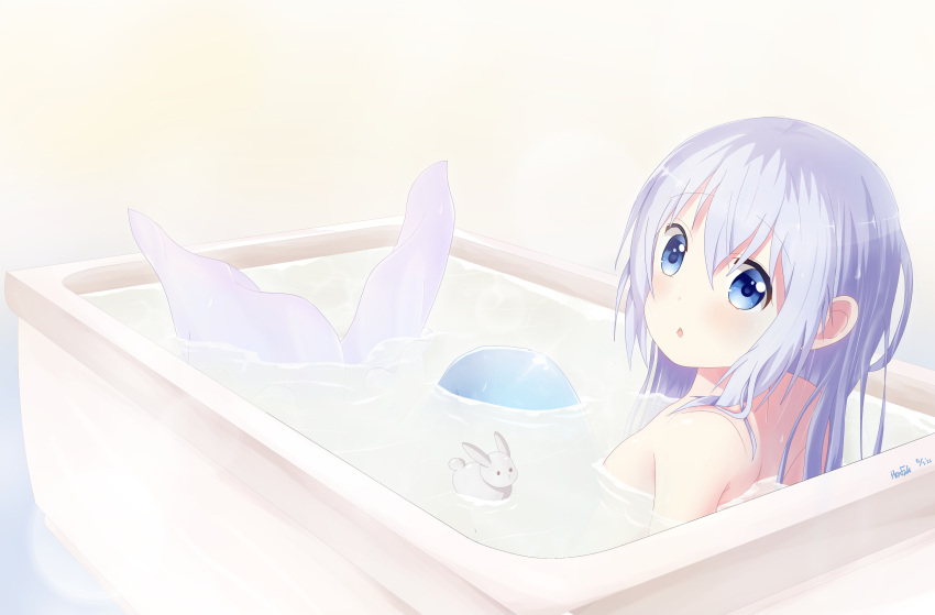 1girl absurdres bangs bath bathing bathtub blue_eyes blue_hair commentary_request completely_nude dated eyebrows_visible_through_hair gochuumon_wa_usagi_desu_ka? hair_between_eyes highres kafuu_chino long_hair looking_at_viewer looking_back mermaid monster_girl nude open_mouth partially_submerged solo troll_z0r