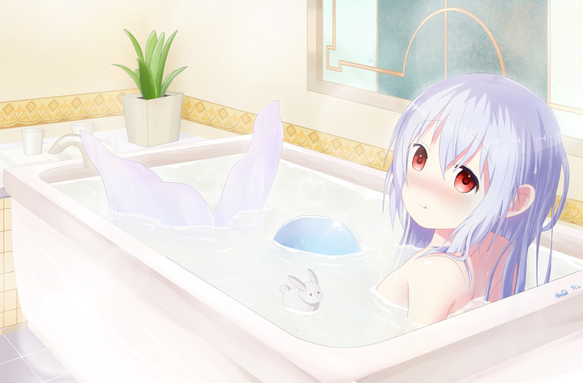 1girl :p absurdres alternate_eye_color bangs bath bathing bathroom bathtub blue_hair blush closed_mouth commentary_request completely_nude dated eyebrows_visible_through_hair flower_pot glass gochuumon_wa_usagi_desu_ka? hair_between_eyes highres kafuu_chino long_hair looking_at_viewer looking_back mermaid monster_girl nude partially_submerged plant red_eyes solo tongue tongue_out troll_z0r window