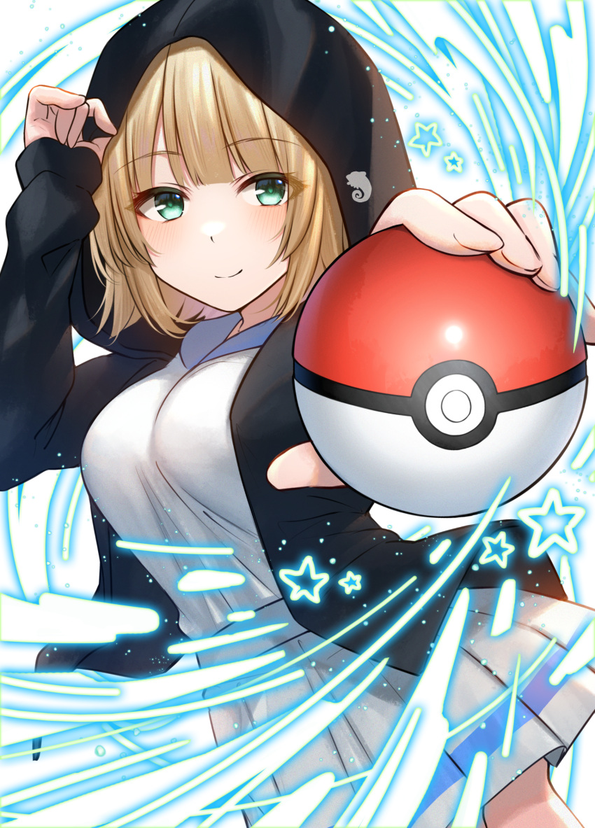 1girl absurdres akky_(akimi1127) bangs black_jacket blonde_hair blue_sailor_collar blush breasts closed_mouth commentary_request eyebrows_visible_through_hair green_eyes highres holding holding_poke_ball hood hood_up hooded_jacket jacket long_sleeves looking_at_viewer medium_breasts official_art open_clothes open_jacket original outstretched_arm pleated_skirt poke_ball poke_ball_(basic) sailor_collar school_uniform serafuku shirt skirt sleeves_past_wrists smile solo star_(symbol) white_shirt white_skirt