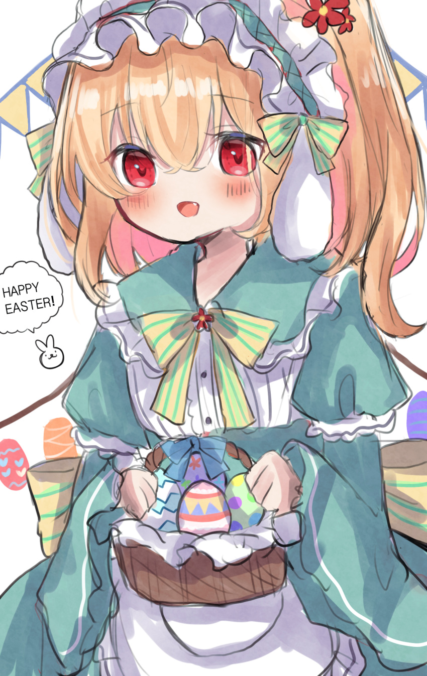 1girl alternate_costume animal animal_ears apron back_bow bangs basket black_eyes blonde_hair blue_bow blush bow bowtie buttons closed_mouth collared_dress colored_skin commentary_request dorowa_(drawerslove) dress easter egg english_text eyebrows_visible_through_hair fang flandre_scarlet flower food frills green_bow green_bowtie green_dress grey_headwear hair_between_eyes hair_flower hair_ornament hands_up hat highres juliet_sleeves long_sleeves looking_at_viewer looking_up mob_cap multicolored_wings one_side_up open_mouth puffy_sleeves rabbit rabbit_ears red_eyes red_flower short_hair simple_background smile solo speech_bubble standing striped striped_bow striped_bowtie tongue touhou white_apron white_background white_skin wide_sleeves wings yellow_bow yellow_bowtie