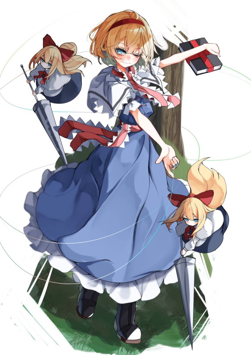 1girl ahoge alice_margatroid apron arm_up arms_up bangs black_footwear blonde_hair blue_dress blush book boots bow bowtie capelet closed_mouth commentary_request doll dress eyebrows_visible_through_hair eyelashes flying frills grass grey_shirt hair_between_eyes hairband hand_up hands_up highres long_hair long_sleeves looking_at_viewer looking_to_the_side necktie no_mouth one_eye_closed puffy_long_sleeves puffy_short_sleeves puffy_sleeves red_bow red_bowtie red_hairband red_necktie shanghai_doll shirt short_hair short_sleeves smile solo standing touhou tree tsune_(tune) v-shaped_eyebrows weapon white_apron white_background white_capelet white_shirt