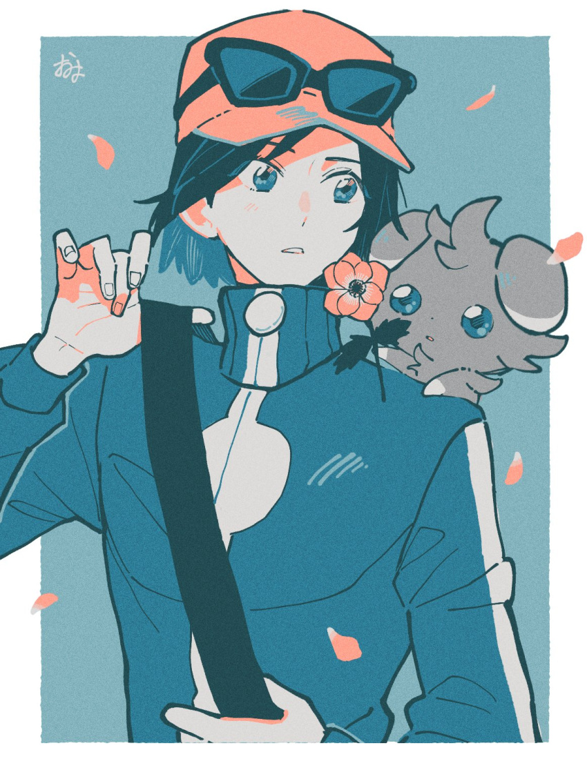 1boy bangs black-framed_eyewear black_hair blue_jacket blush border calem_(pokemon) commentary_request espurr eyewear_on_headwear falling_petals grey_eyes hand_up hat highres holding_strap jacket long_sleeves male_focus omyo_(myomyomyo22) on_shoulder orange_headwear parted_lips petals pokemon pokemon_(creature) pokemon_(game) pokemon_on_shoulder pokemon_xy short_hair signature sunglasses turtleneck turtleneck_jacket upper_body white_border