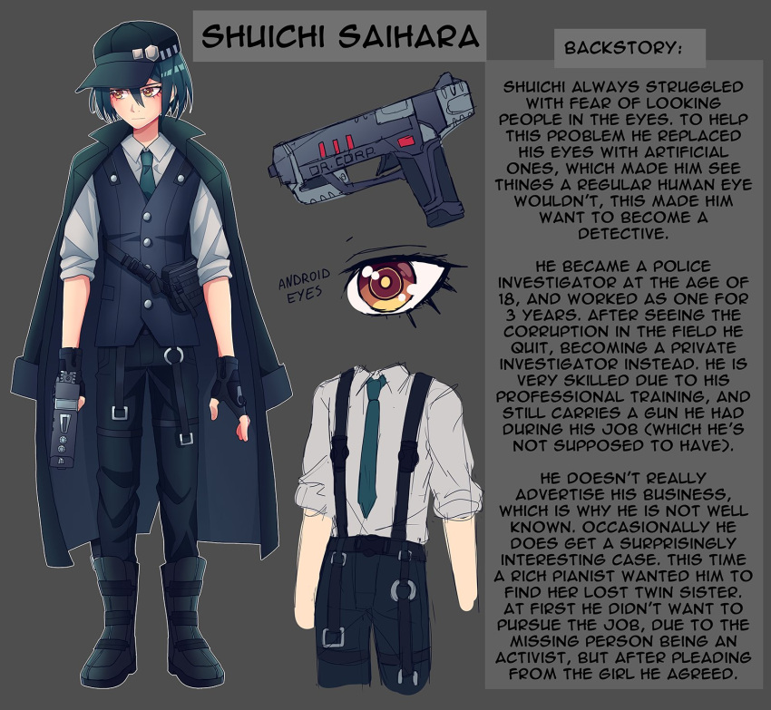 1boy alternate_costume bangs black_hair black_headwear black_pants black_vest brown_background character_name cheer_(cheerkitty14) collared_shirt commentary danganronpa_(series) danganronpa_v3:_killing_harmony english_text eye_focus grey_shirt gun hair_between_eyes highres holding holding_gun holding_weapon jacket jacket_on_shoulders male_focus multiple_views pants red_eyes saihara_shuuichi shiny shiny_hair shirt simple_background vest weapon