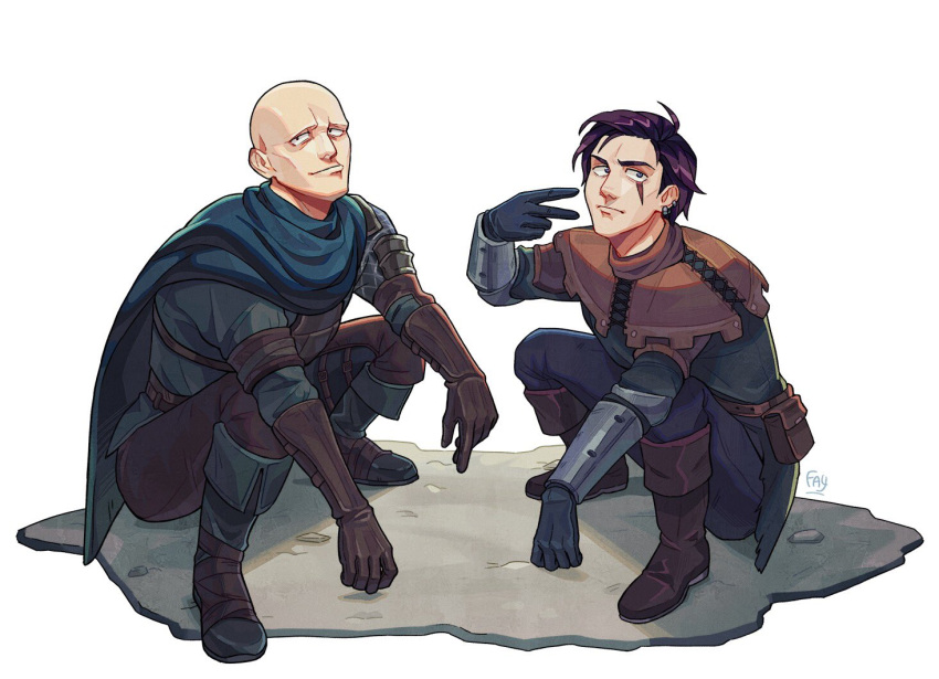 2boys bald black_gloves blue_eyes boots brown_capelet brown_gloves brown_pants capelet closed_mouth elden_ring faaaaaay gloves looking_at_viewer male_focus multiple_boys pants patches_(from_software) purple_hair purple_pants sanpaku short_hair signature simple_background slav_squatting smile smug tarnished_(elden_ring) v white_background