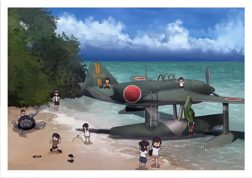 6+girls abyssal_ship aircraft beach black_hair blue_sky clouds day enemy_naval_mine_(kancolle) fairy_(kancolle) highres kantai_collection minigirl multiple_girls ocean outdoors palm_leaf propeller seaplane sky tentacles timmyyen tree visor_cap