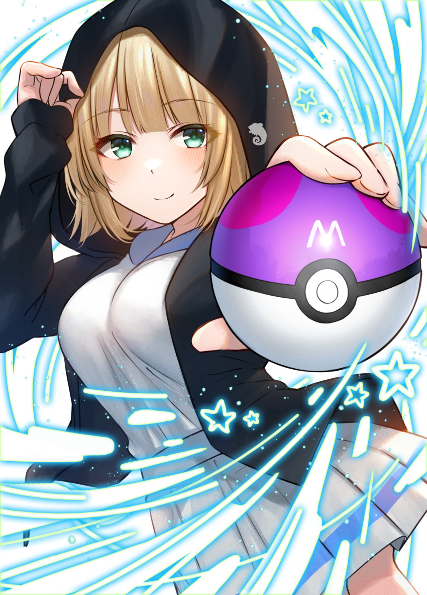 1girl absurdres akky_(akimi1127) bangs black_jacket blonde_hair blue_sailor_collar blush breasts closed_mouth eyebrows_visible_through_hair green_eyes highres holding holding_poke_ball hood hood_up hooded_jacket jacket long_sleeves looking_at_viewer medium_breasts official_art open_clothes open_jacket original outstretched_arm pleated_skirt poke_ball sailor_collar school_uniform serafuku shirt skirt sleeves_past_wrists smile solo star_(symbol) white_shirt white_skirt