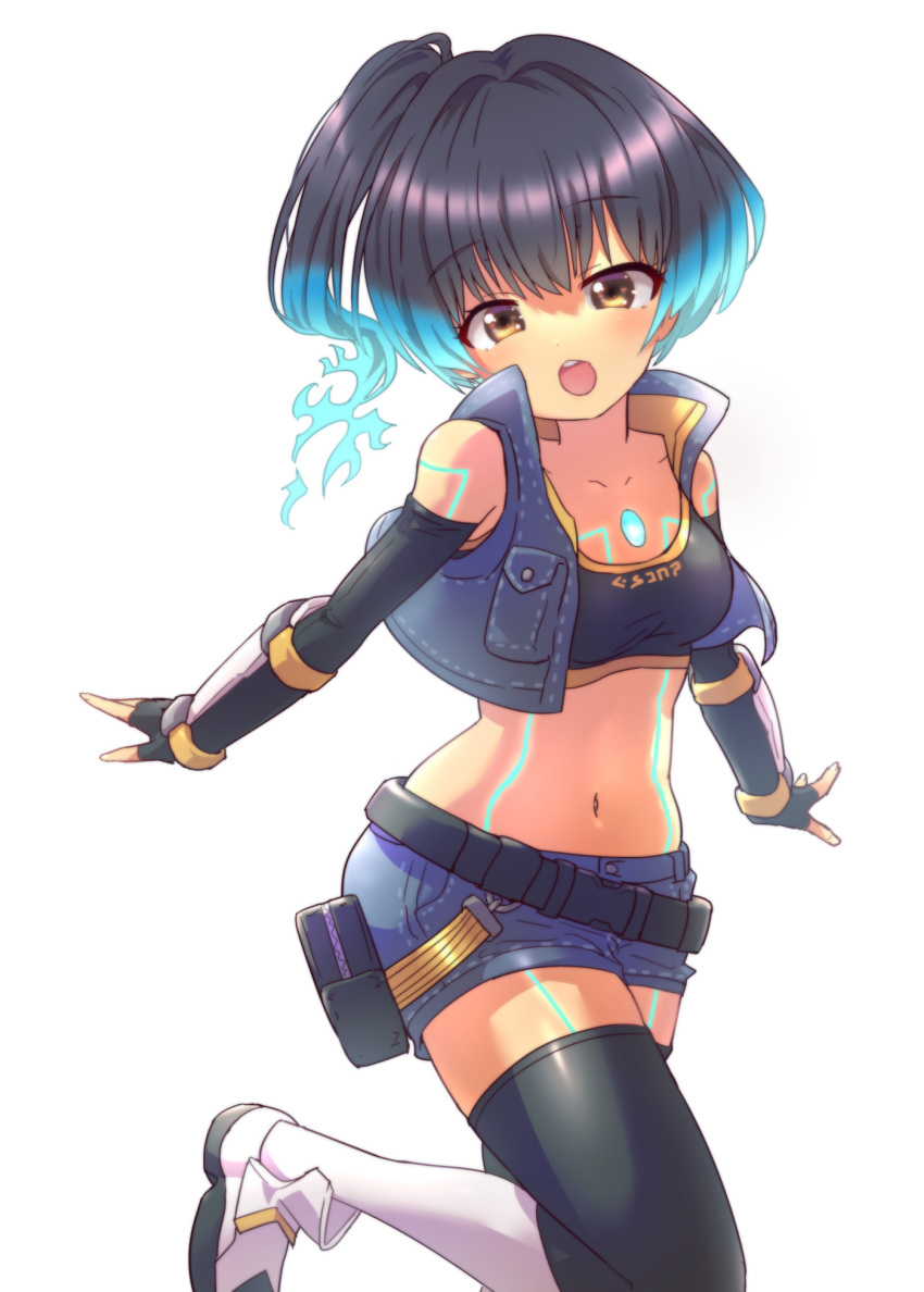 1girl blue_hair brown_hair chest_jewel fiery_hair glowing_lines high_tops highres navel nke_toumi open_mouth sena_(xenoblade) shoulder_strap side_ponytail simple_background solo sports_bra white_background xenoblade_chronicles_(series) xenoblade_chronicles_3