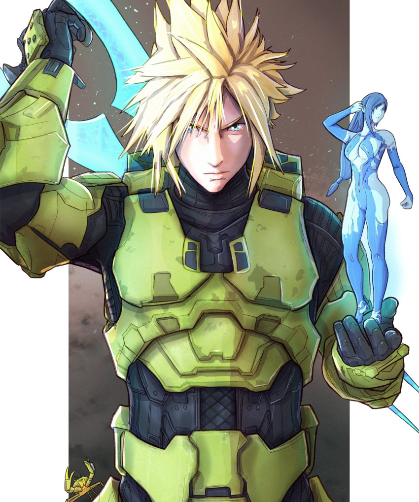 1boy 1girl aqua_eyes black_bodysuit blonde_hair blue_hair blue_skin bodypaint bodysuit breasts cloud_strife colored_skin cortana cortana_(cosplay) cosplay crab energy_sword final_fantasy final_fantasy_vii final_fantasy_vii_remake halo_(series) halo_infinite highres holding holding_sword holding_weapon hologram large_breasts long_hair low-tied_long_hair master_chief master_chief_(cosplay) minigirl no_headwear no_helmet painted_clothes power_armor power_suit spartan_(halo) spiky_hair sword tifa_lockhart type-1_energy_sword weapon weapon_on_back yoracrab