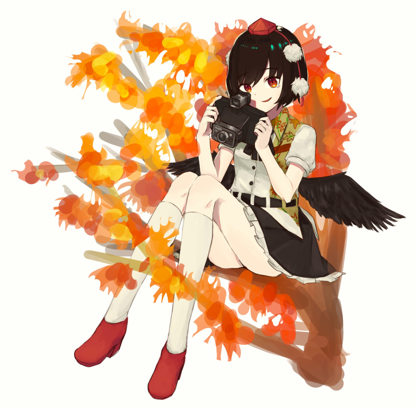 1girl absurdres autumn autumn_leaves bangs black_hair black_skirt black_wings camera eyebrows_visible_through_hair floral_print frilled_skirt frills hat highres in_tree kneehighs mo_mo_kaze pom_pom_(clothes) red_eyes red_footwear scarf shameimaru_aya shirt shoes short_hair simple_background sitting sitting_in_tree skirt smile solo thighs tokin_hat touhou tree white_background white_legwear white_shirt wings