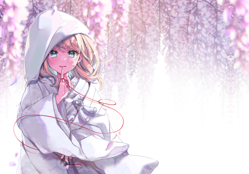 1girl absurdres anzu_1026 bangs blonde_hair blue_eyes eyebrows_visible_through_hair flower highres hololive japanese_clothes kazama_iroha kimono looking_at_viewer pinky_out purple_flower shiromuku smile solo string string_of_fate virtual_youtuber white_kimono wind wisteria