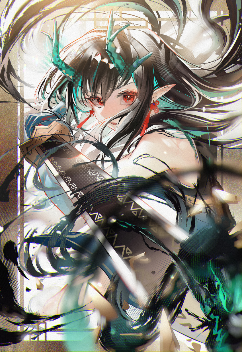 1girl absurdres aqua_hair arknights bangs bare_shoulders black_hair blue_skin colored_skin dragon_horns dress dusk_(arknights) earrings eyebrows_visible_through_hair foreshortening highres holding holding_sword holding_weapon horns ink jewelry multicolored_hair open_mouth pointy_ears red_eyes sleeveless sleeveless_dress solo sword tassel tassel_earrings two-tone_hair v-shaped_eyebrows weapon white_dress youyouyou_1211
