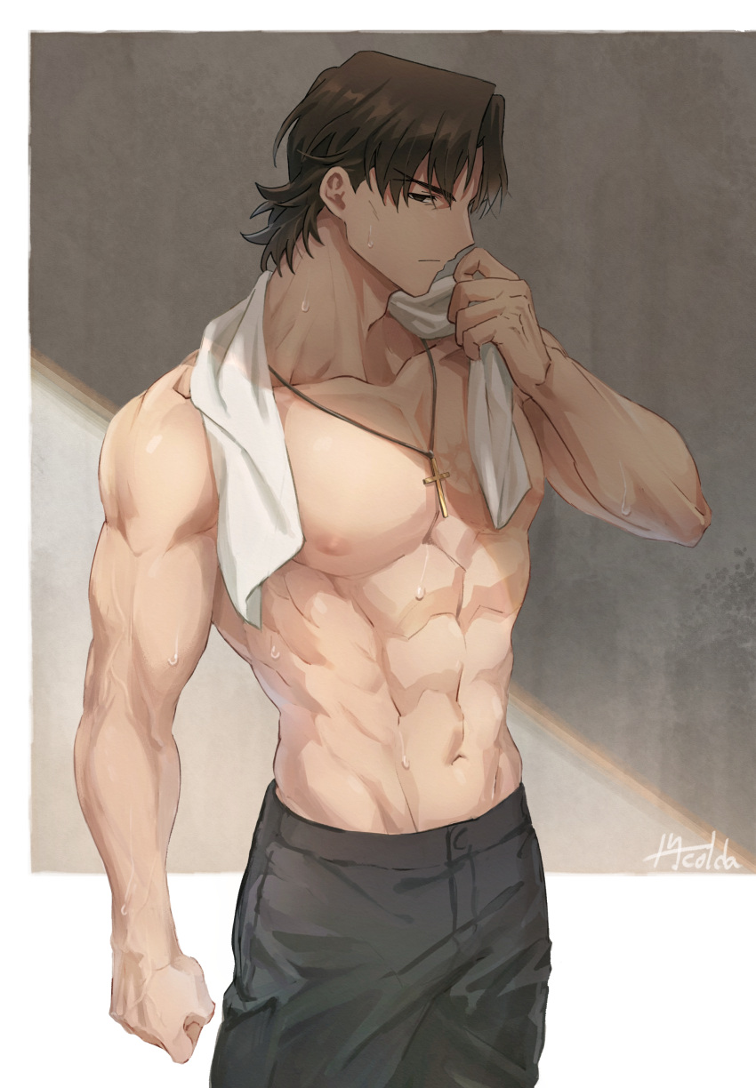 1boy absurdres brown_hair cowboy_shot cross cross_necklace fate/grand_order fate_(series) highres jewelry kotomine_kirei male_focus muscular muscular_male necklace nipples pectorals short_hair solo sweat topless_male tuto_(mokuchin09) wiping