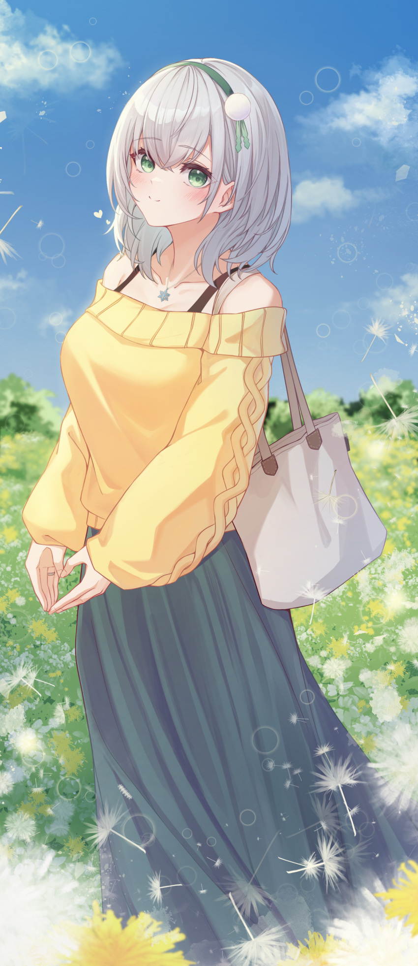 1girl absurdres bag bangs blue_skirt blue_sky blush closed_mouth clouds day eyebrows_visible_through_hair field flower flower_field green_eyes hair_between_eyes heart heart_hands highres hololive jewelry long_skirt long_sleeves looking_at_viewer medium_hair off-shoulder_sweater off_shoulder outdoors ring shirogane_noel shoulder_bag silver_hair skirt sky smile solo standing sweater tang-du virtual_youtuber white_flower yellow_flower yellow_sweater