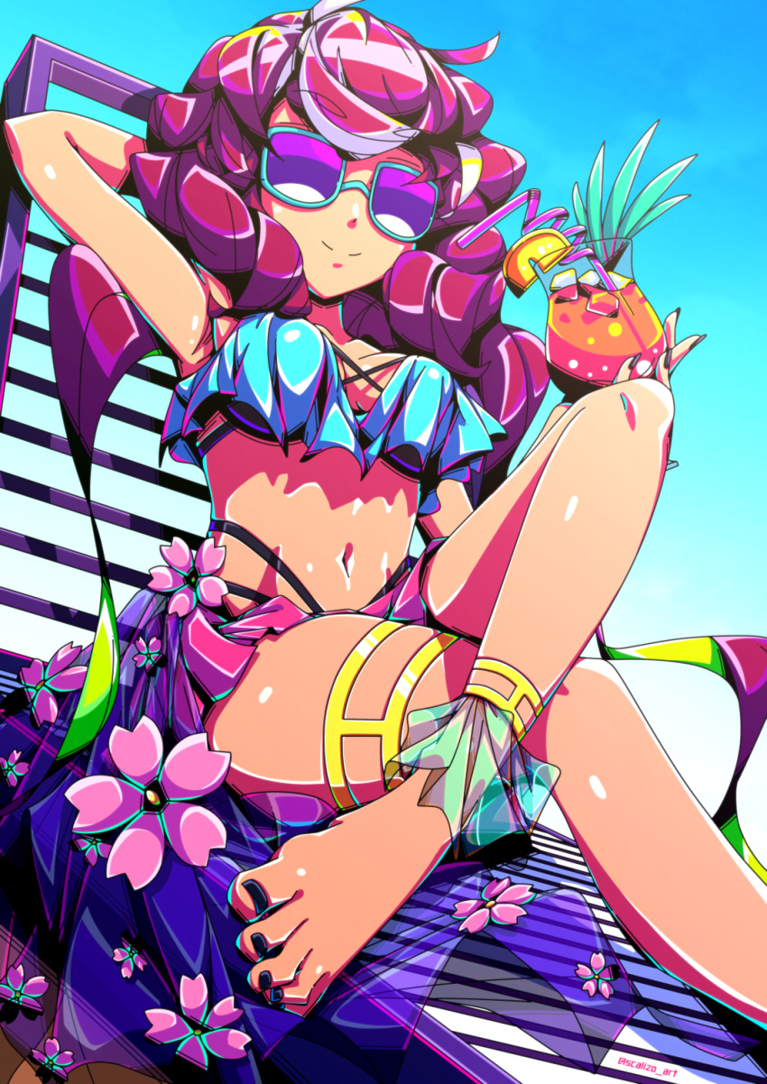 1girl ankle_strap arm_behind_head bangs barefoot beach_chair bikini black_nails blue_bikini borrowed_character breasts crossed_legs cup drinking_glass drinking_straw eyebrows_visible_through_hair highres long_hair navel original outdoors purple_hair scalizo sitting smile solo sunglasses swimsuit thigh_strap
