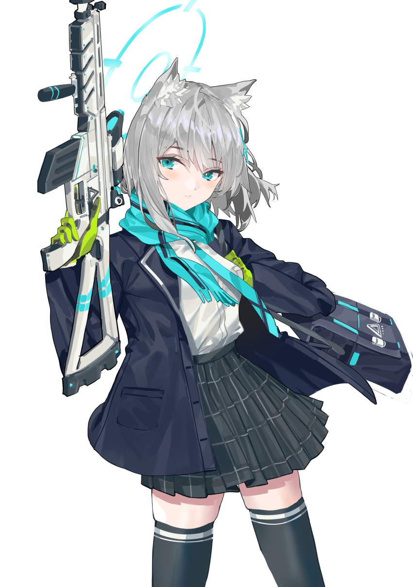 1girl absurdres animal_ear_fluff animal_ears assault_rifle bag black_legwear blazer blue_archive blue_bag blue_eyes blue_jacket blue_scarf cross_hair_ornament gloves green_gloves grey_hair grey_skirt gun hair_ornament halo highres holding holding_gun holding_weapon jacket kazukingu light_blush long_sleeves medium_hair mismatched_pupils open_clothes open_jacket plaid plaid_skirt pleated_skirt rifle scarf school_bag shiroko_(blue_archive) shirt shirt_tucked_in sig_sauer_556 simple_background skindentation skirt solo striped striped_scarf thigh-highs weapon white_background white_shirt wolf_ears