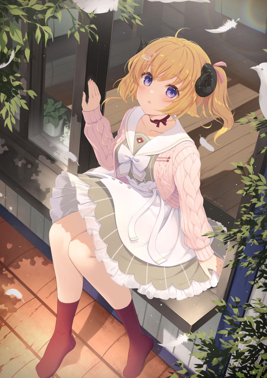 1girl :o ahoge animal_ears apron blonde_hair bow breasts collarbone commentary_request curled_horns dress feathers frilled_dress frills grey_dress hair_ornament hairclip hand_up highres hololive horns jacket long_sleeves looking_at_viewer medium_breasts no_shoes open_clothes open_jacket open_window parted_lips puffy_long_sleeves puffy_sleeves red_legwear sailor_collar sailor_dress sheep_ears sheep_girl sheep_horns side_ponytail sitting sitting_in_window sleeves_past_wrists socks solo striped striped_dress tsunomaki_watame vertical-striped_dress vertical_stripes virtual_youtuber waist_apron white_apron white_bow white_feathers white_sailor_collar window yoshino_ryou