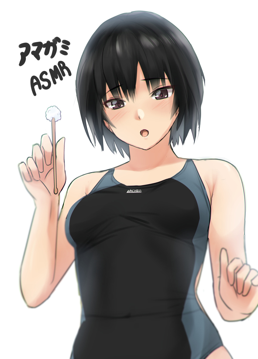 1girl amagami asmr bangs black_hair black_swimsuit blush bob_cut breasts commentary_request competition_swimsuit highres holding looking_at_viewer medium_breasts nanasaki_ai one-piece_swimsuit open_mouth short_hair solo swimsuit translation_request ykh1028