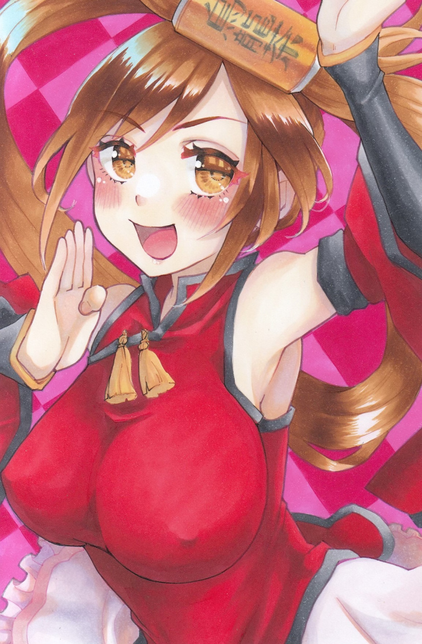 1girl armpits arms_up blush brown_eyes brown_hair china_dress chinese_clothes covered_nipples detached_sleeves dress eyebrows eyebrows_visible_through_hair fighting_stance guilty_gear guilty_gear_x guilty_gear_xx hair_ring highres kuradoberi_jam marker_(medium) open_mouth skirt solo traditional_media twintails uhouhosoiya_go upper_body