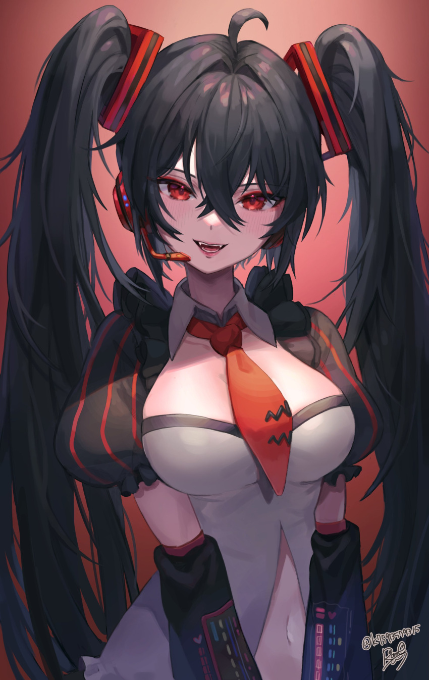 1girl absurdres ahoge black_hair breasts center_opening commentary dark_persona detached_sleeves fangs hair_ornament hatsune_miku headphones highres large_breasts lerome long_hair looking_at_viewer navel necktie open_mouth puffy_sleeves red_background red_eyes shirt short_sleeves smile solo stomach symbol-only_commentary twintails upper_body very_long_hair vocaloid white_shirt wing_collar zatsune_miku