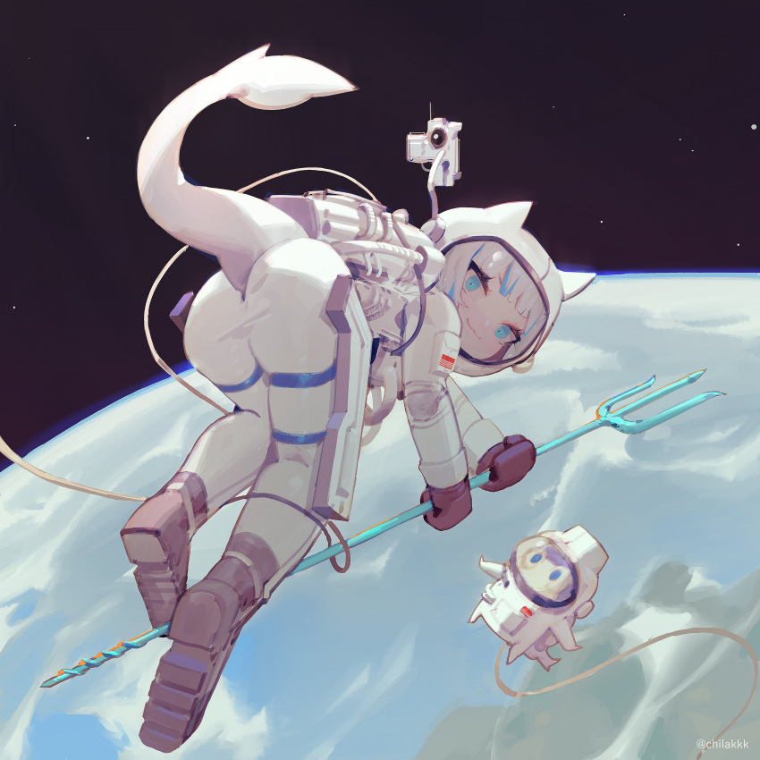 1girl absurdres ass astronaut bangs bloop_(gawr_gura) blue_eyes blue_hair chilakkk earth_(planet) fish_tail gawr_gura gloves helmet highres hololive hololive_english looking_at_viewer multicolored_hair planet polearm science_fiction shark_tail silver_hair smile space space_helmet spacesuit streaked_hair tail trident virtual_youtuber weapon