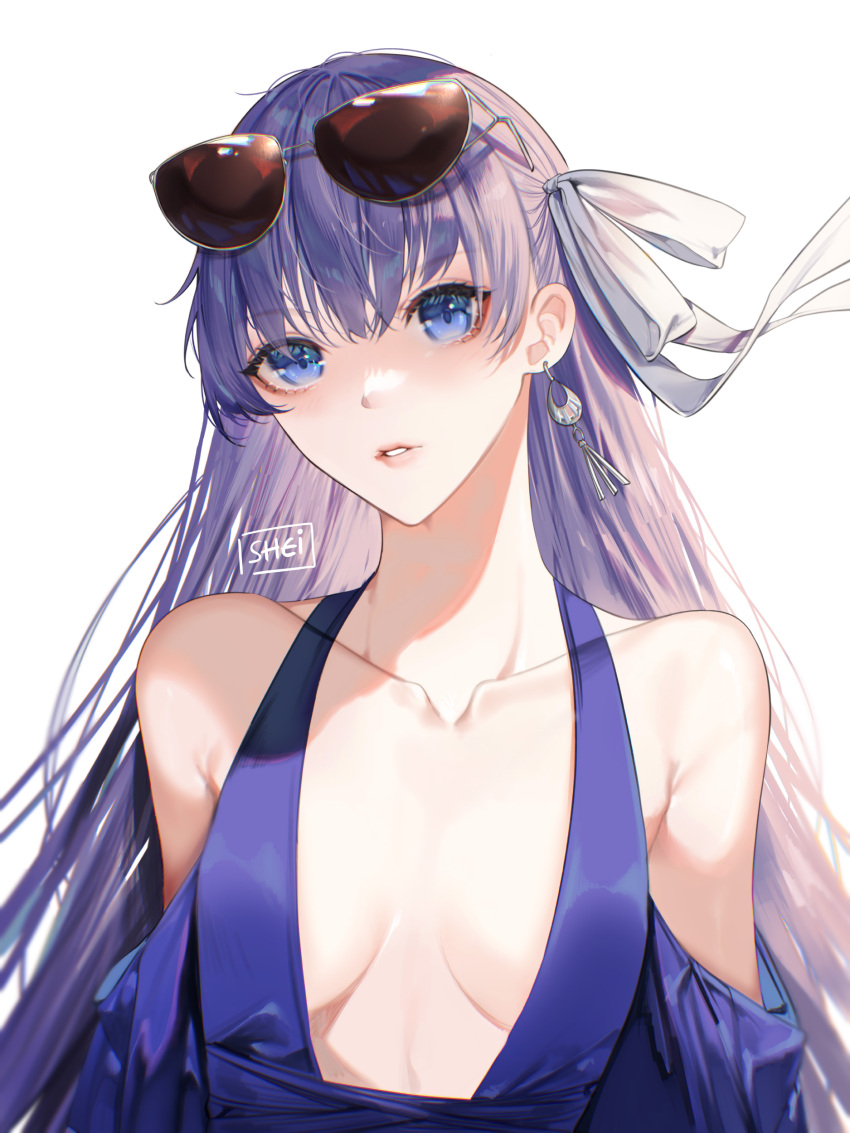 1girl absurdres bangs bare_shoulders blue_dress blue_eyes blush breasts collarbone dress earrings eyewear_on_head fate/grand_order fate_(series) hair_ribbon highres jewelry long_hair long_sleeves looking_at_viewer meltryllis_(fate) meltryllis_(star's_holiday)_(fate) parted_lips plunging_neckline purple_hair ribbon shei99 small_breasts solo sunglasses very_long_hair white_ribbon