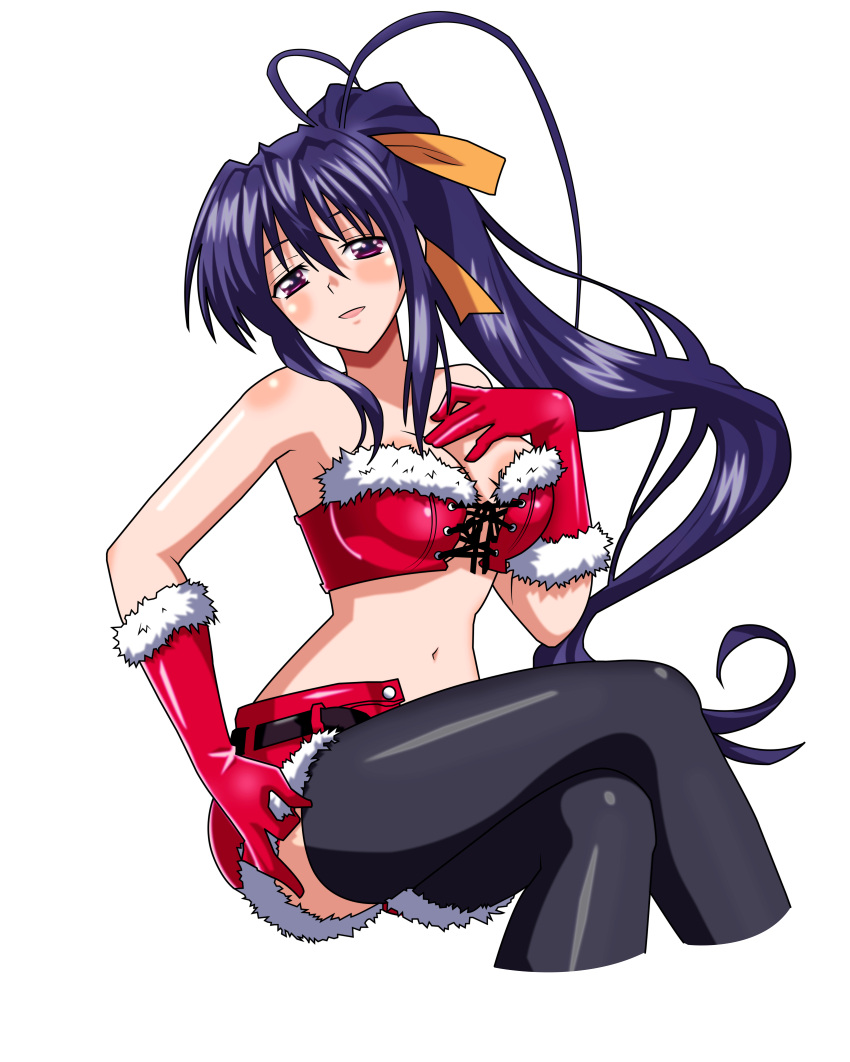 1girl absurdres bare_shoulders belt bustier christmas cowboy_shot elpida-wood english_commentary fur_trim gloves high_school_dxd highres himejima_akeno long_hair looking_at_viewer midriff red_gloves red_shorts shorts simple_background sitting solo thigh-highs unzipped very_long_hair violet_eyes white_background