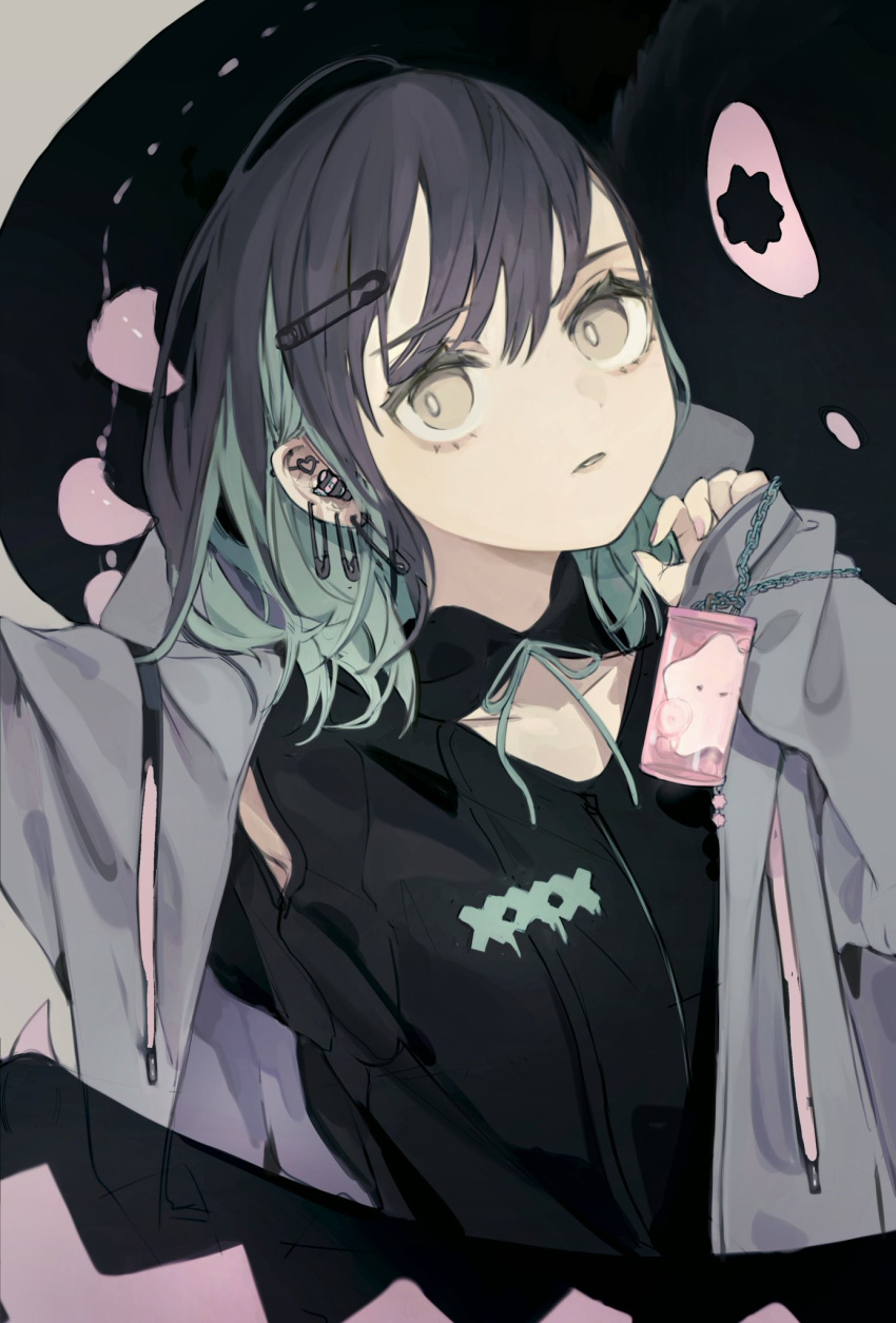 1girl bangs black_hair black_shirt boukou-chan_(tokiwata_soul) bright_pupils clothing_cutout collarbone colored_inner_hair commentary_request drawstring earrings eyebrows_visible_through_hair green_hair grey_eyes grey_jacket hair_between_eyes hand_up head_tilt highres hood hood_down hooded_jacket jacket jewelry medium_hair multicolored_hair original parted_lips safety_pin shirt solo standing tokiwata_soul upper_body white_pupils