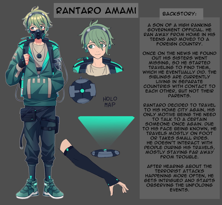 1boy alternate_costume amami_rantarou antenna_hair bangs black_pants brown_background character_name cheer_(cheerkitty14) commentary danganronpa_(series) danganronpa_v3:_killing_harmony detached_sleeves english_text eyebrows_visible_through_hair full_body green_eyes green_hoodie highres hood hoodie jewelry long_sleeves male_focus multiple_views necklace pants respirator shirt shoes short_hair simple_background smile